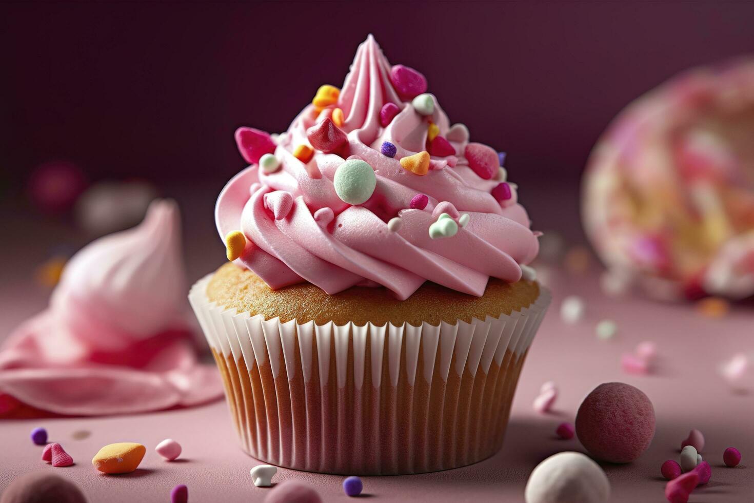 Feier Geburtstag Rosa Cupcake mit viele von Glasur und Dekorationen, glücklich Geburtstag Party, generieren ai foto