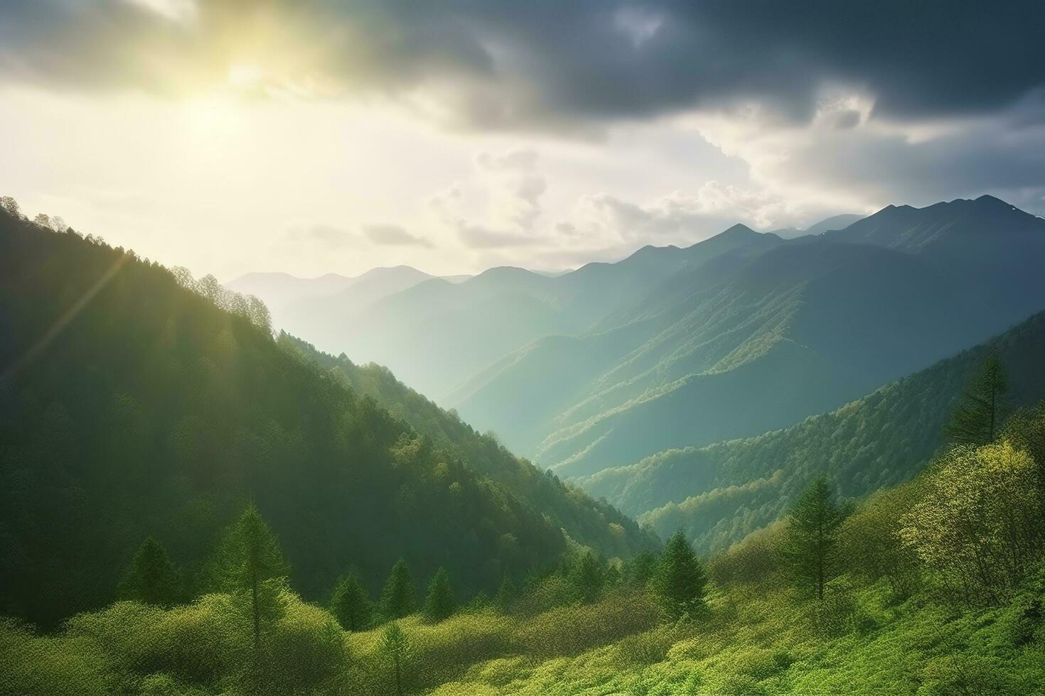 Sonne leuchtenden wolkig Himmel ist auf das Berge , generieren ai foto