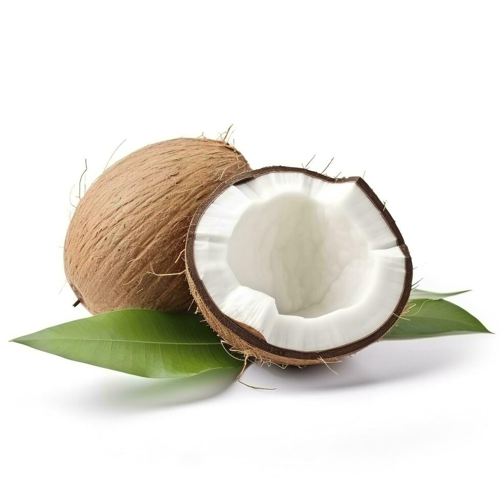 Kokosnuss mit Hälfte und Blätter auf Weiß Hintergrund, generieren ai foto