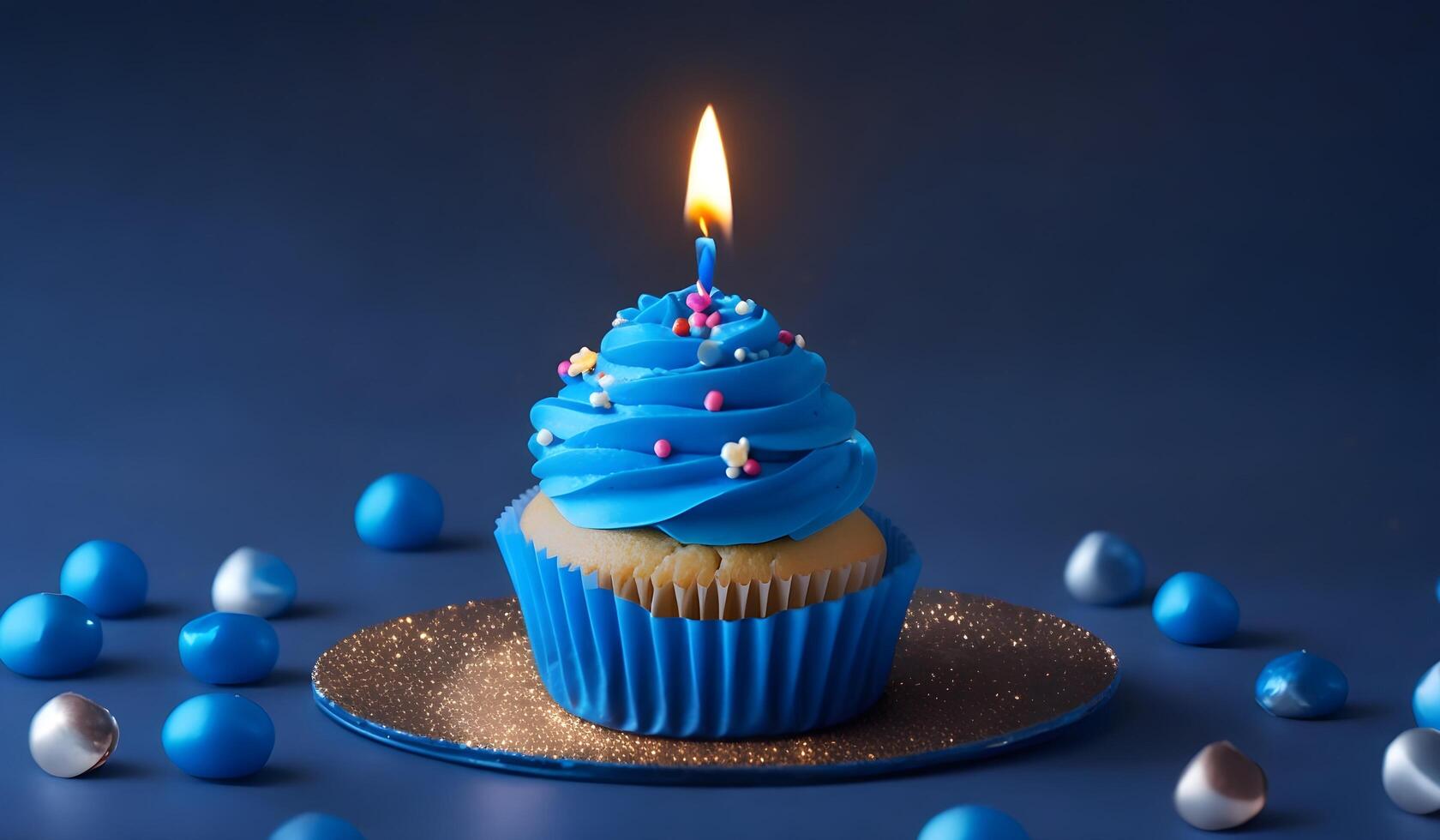 Geburtstag - - Cupcake mit Kerze und Blau Dekoration. ai generativ foto