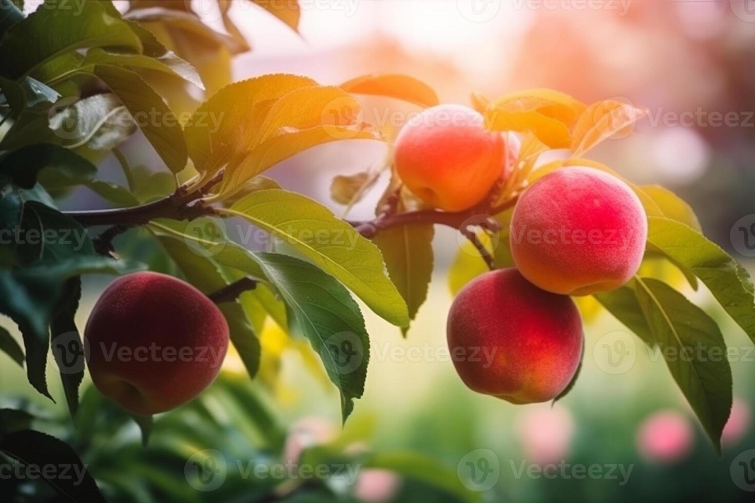 natürlich Frucht. Pfirsiche wachsend auf ein Baum im das Sommer. frisch Pfirsiche auf Baum Geäst. köstlich und gesund organisch Ernährung. Garten mit gereift Früchte. generativ ai. foto