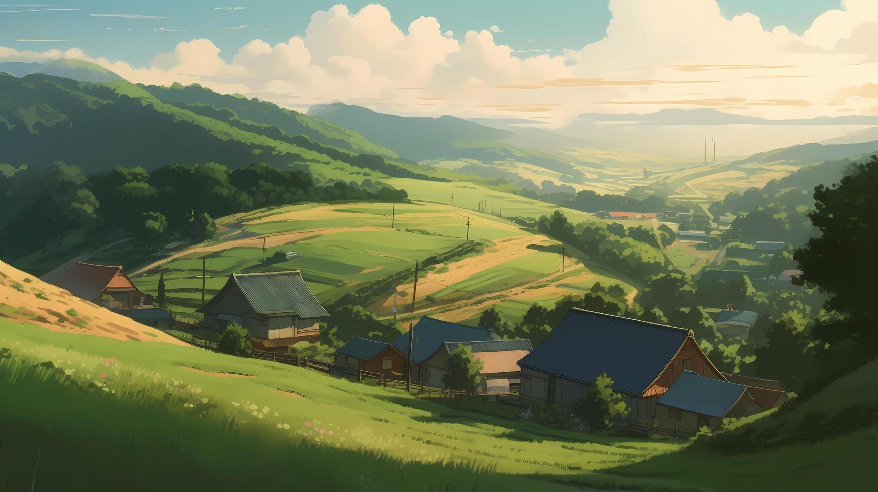 ai generativ Bild von japanisch Dorf Anime, das Jahreszeiten abspielen ein prominent Rolle im Gestaltung das Täglich Leben von das Dorfbewohner foto