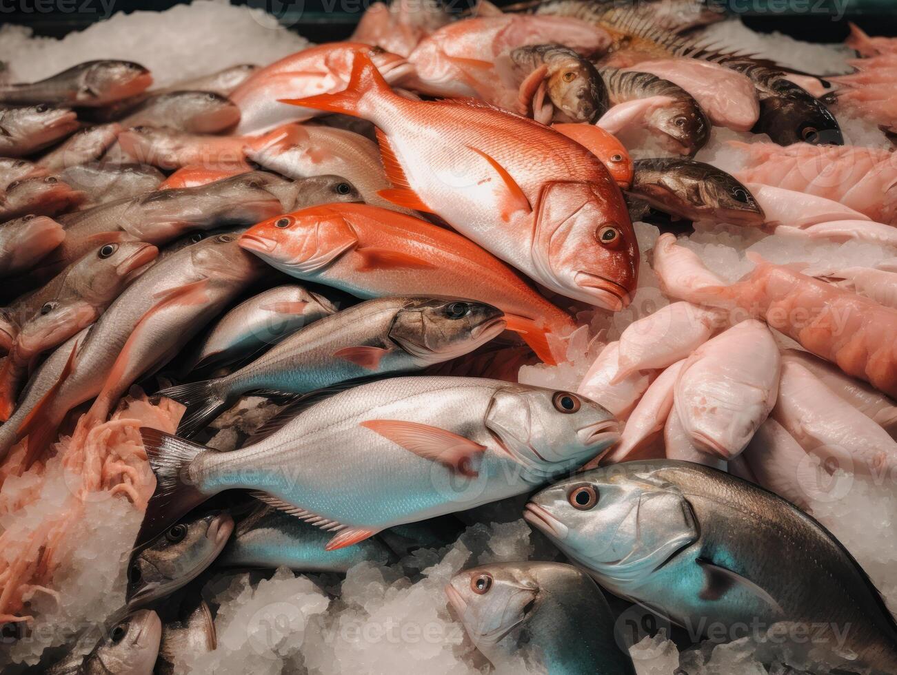 frisch Ozean Fisch und Meeresfrüchte beim das Fisch Markt schließen oben oben Aussicht erstellt mit generativ ai Technologie foto
