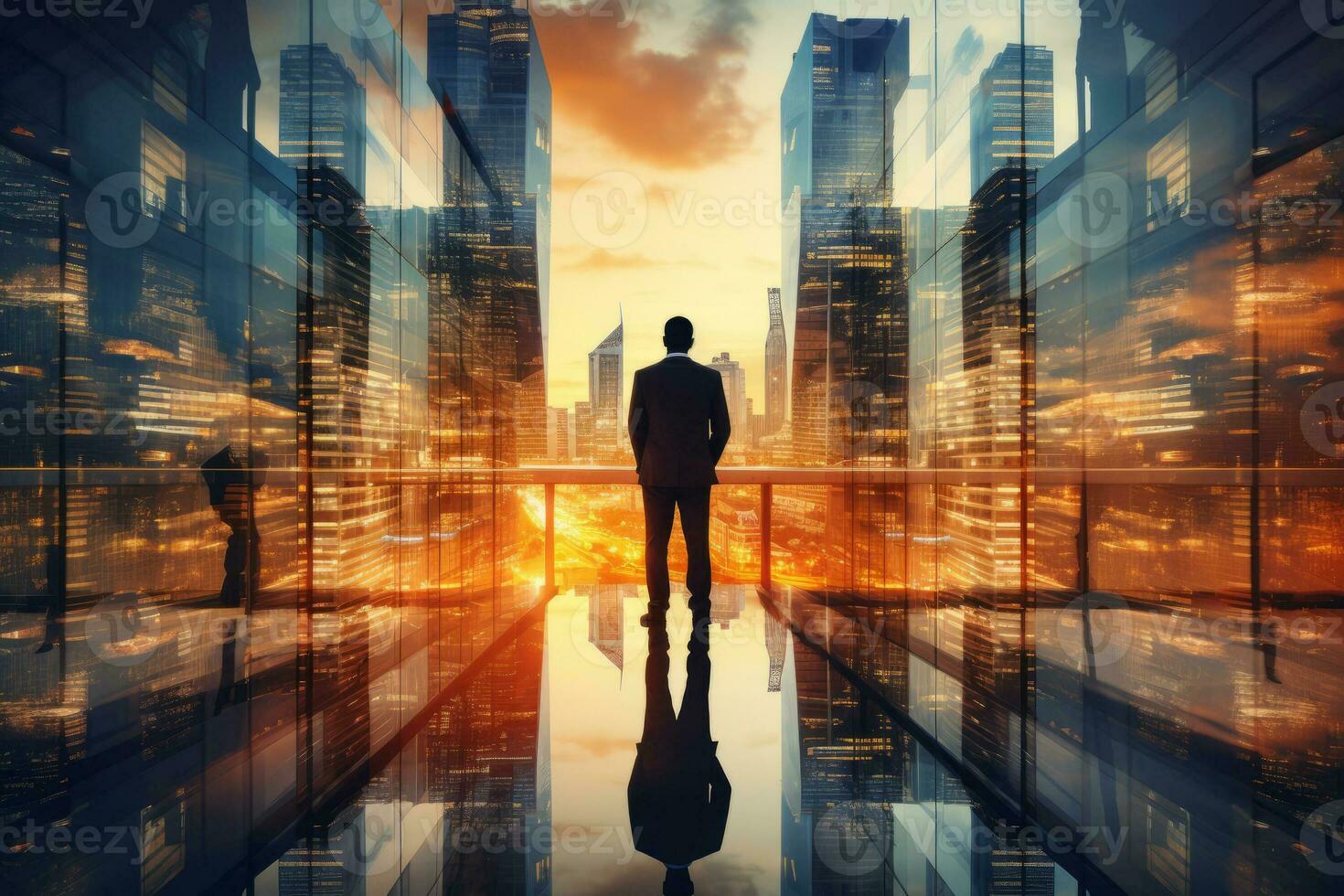 das doppelt Exposition Bild von das Geschäft Mann Stehen zurück während Sonnenaufgang Overlay mit Stadtbild Bild. ai generiert foto