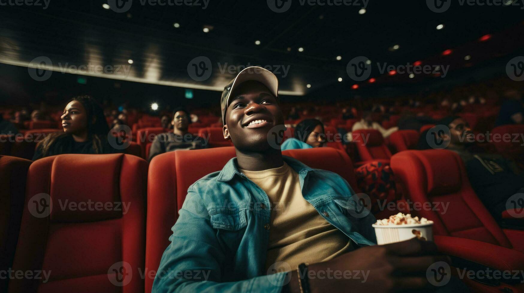 schwarz Mann Essen Popcorn im ein Film Theater, Sitzung und Essen Popcorn. ai generiert foto