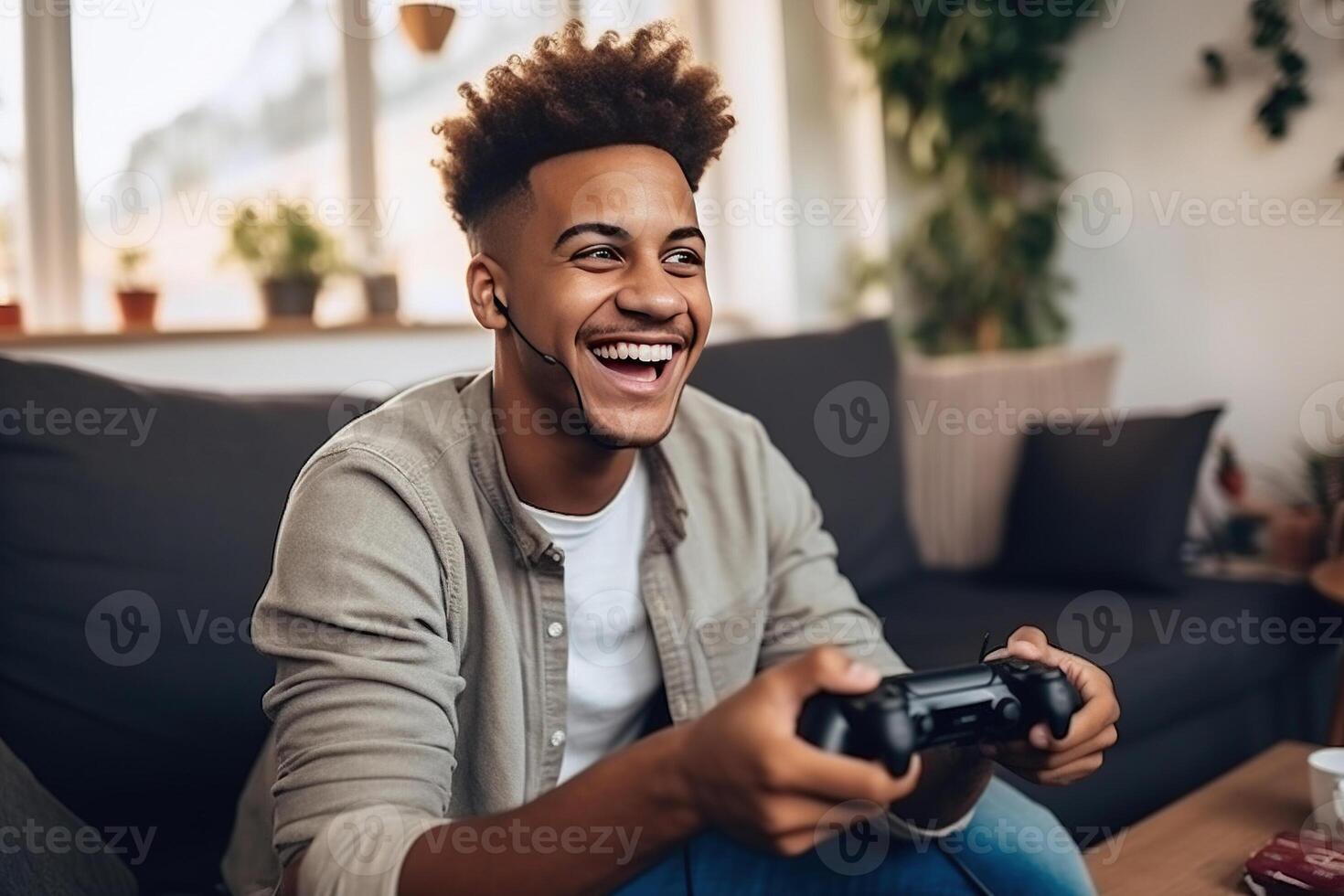 jung positiv glücklich afrikanisch amerikanisch Kerl mit kabellos Gamepad spielen Video Spiel beim Zuhause . ai generiert foto