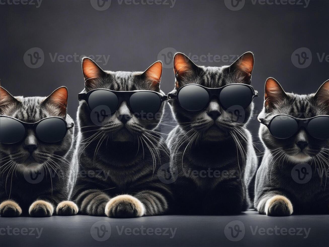 ein Gruppe von Katzen mit Sonnenbrille auf dunkel Hintergrund. ai generiert foto