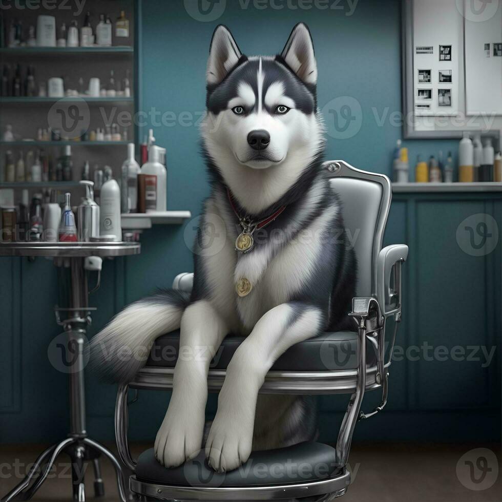 gekleidet heiser Hund Sitzung im ein Stuhl im ein Friseurladen. ai generiert foto