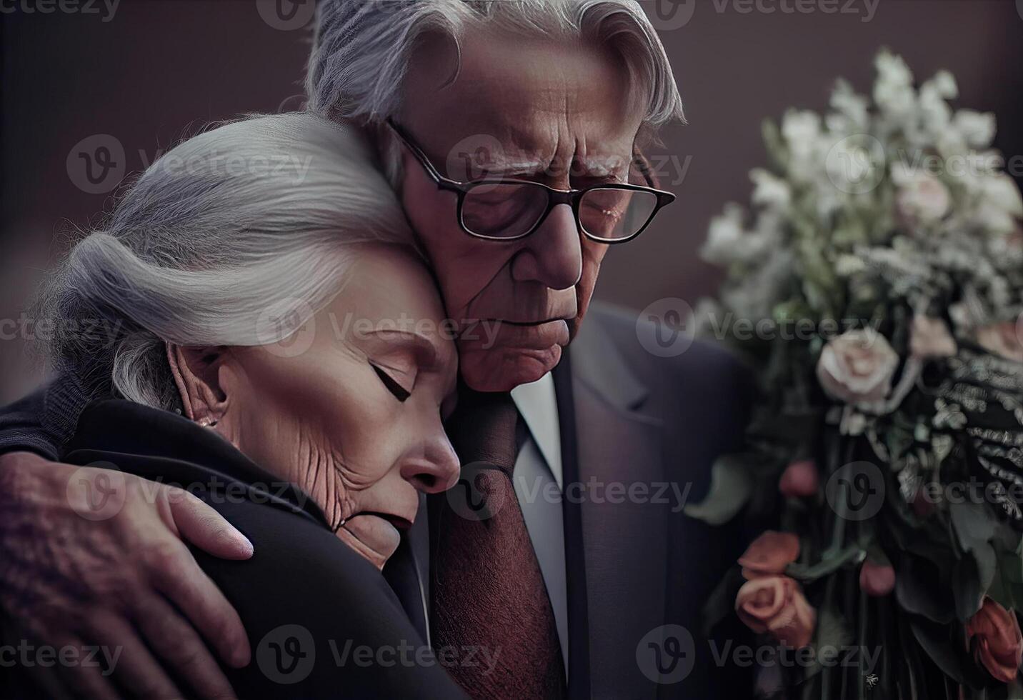 Senior Mann Stehen mit attraktiv Frau halten Blumen auf Beerdigung. ai generiert foto