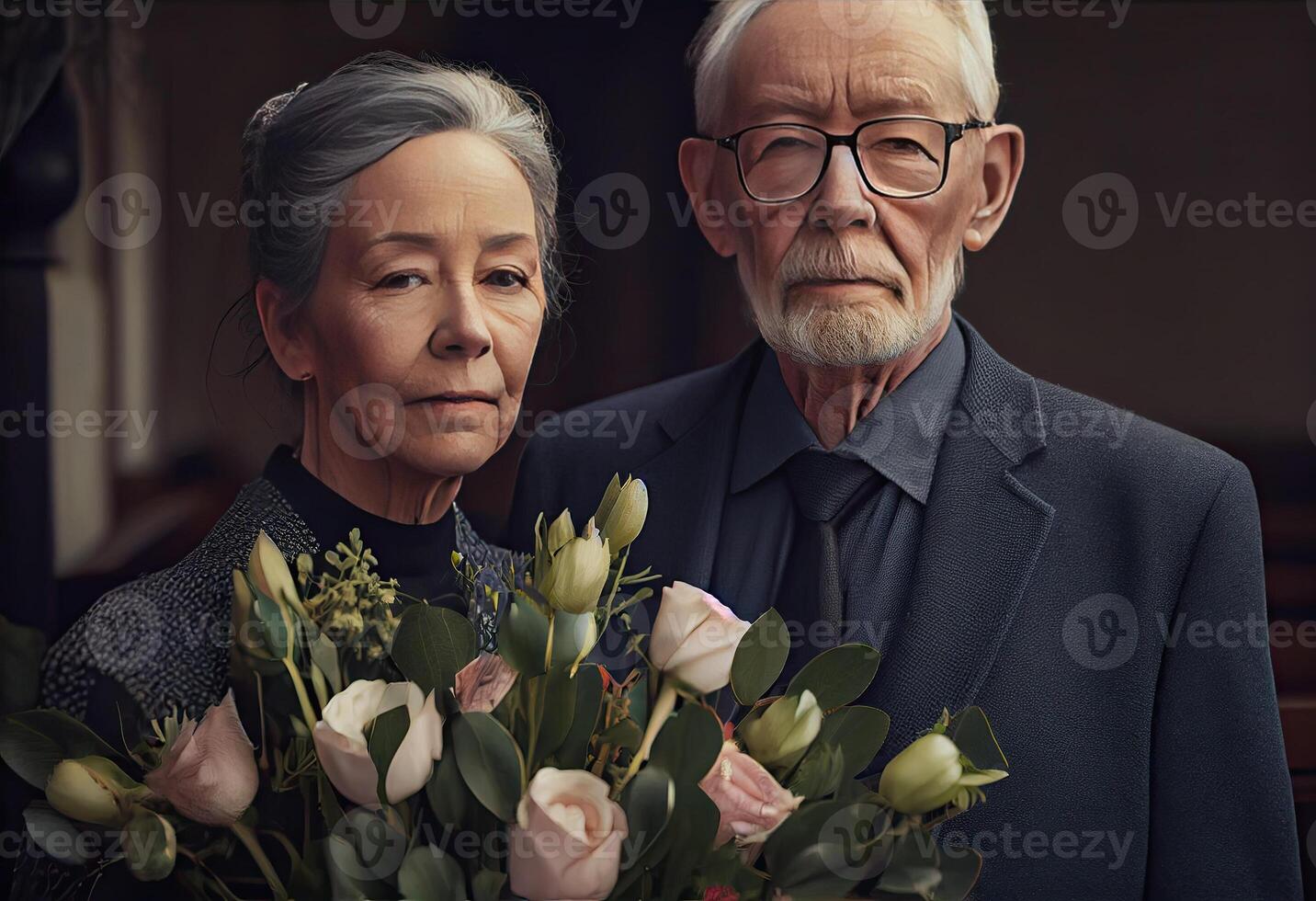 Senior Mann Stehen mit attraktiv Frau halten Blumen auf Beerdigung. ai generiert foto