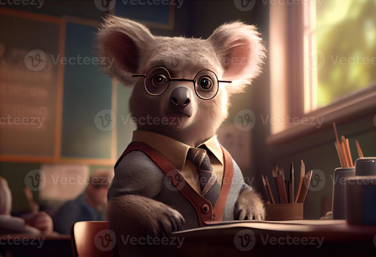 Porträt von ein anthropomorph Koala gekleidet wie ein Schüler im ein Klassenzimmer. ai generiert foto