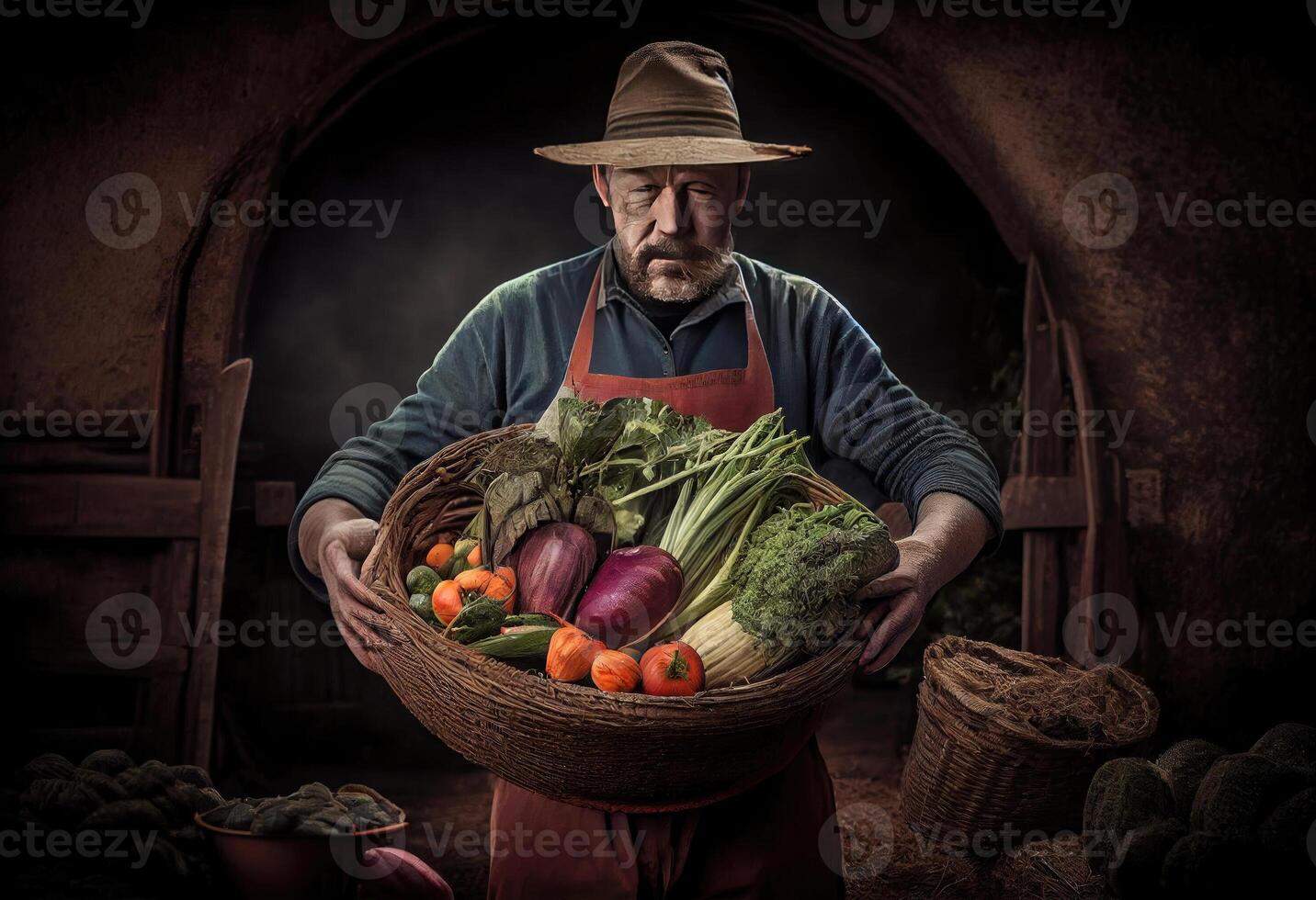 Farmer hält ein Korb von geerntet Gemüse gegen das Hintergrund von ein Bauernhof. Ernte. ai generiert. foto