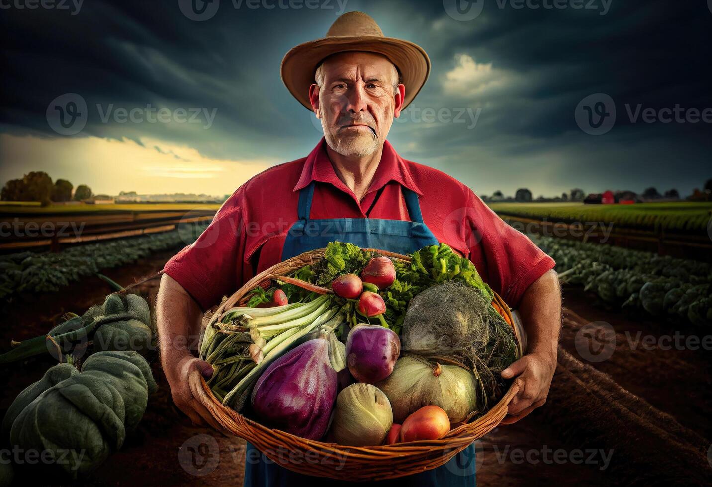 Farmer hält ein Korb von geerntet Gemüse gegen das Hintergrund von ein Bauernhof. Ernte. ai generiert. foto