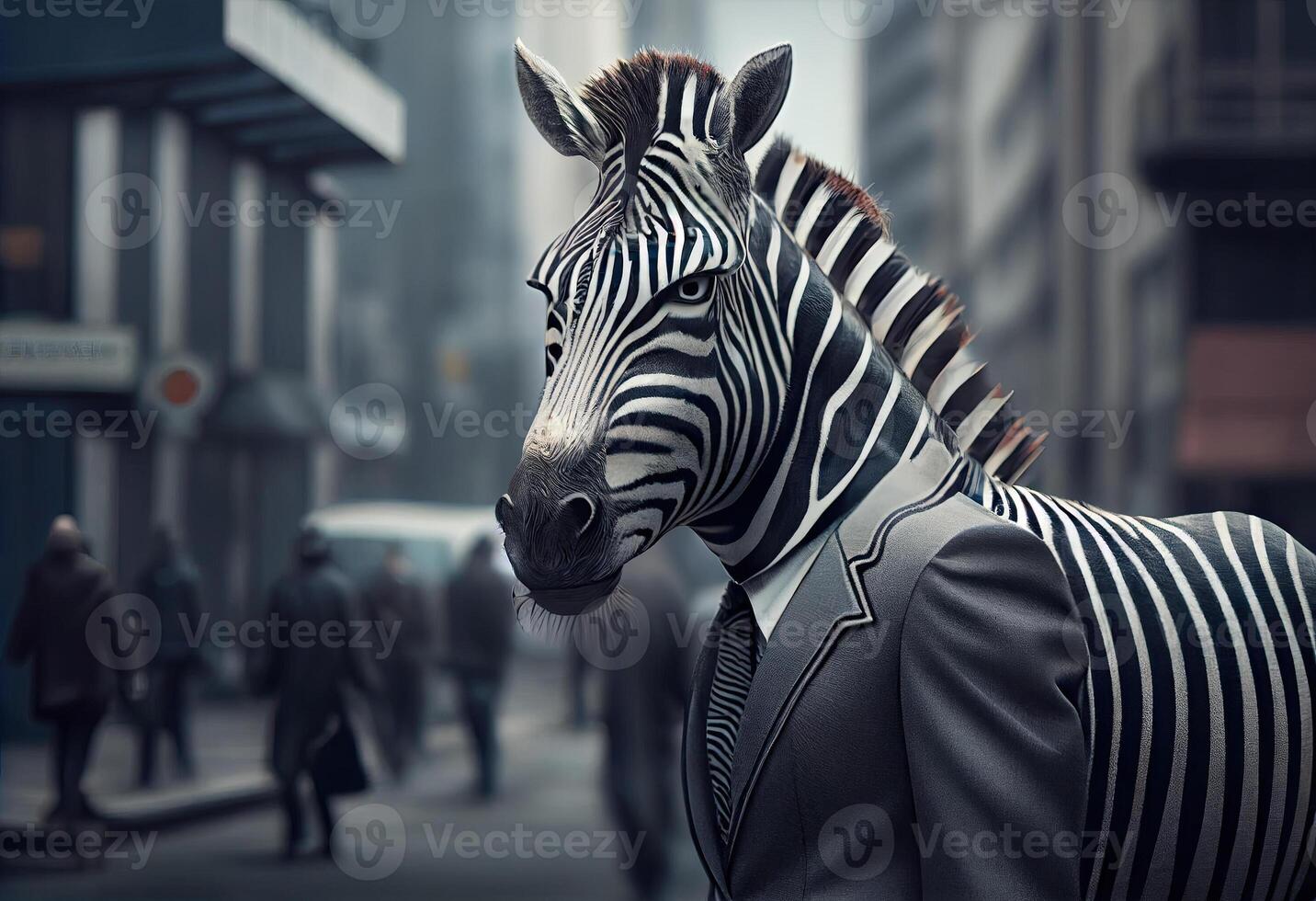 Porträt von ein anthropomorph Zebra Geschäftsmann wandernd das Stadt Straßen. ai generiert. foto