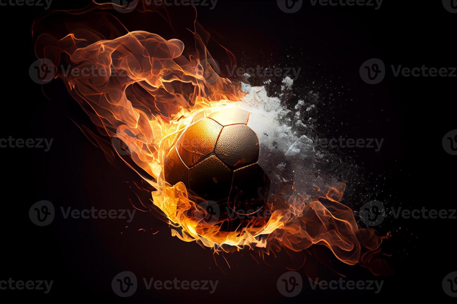 Fußball auf Feuer fliegend, auf hell Hintergrund. ai generiert foto