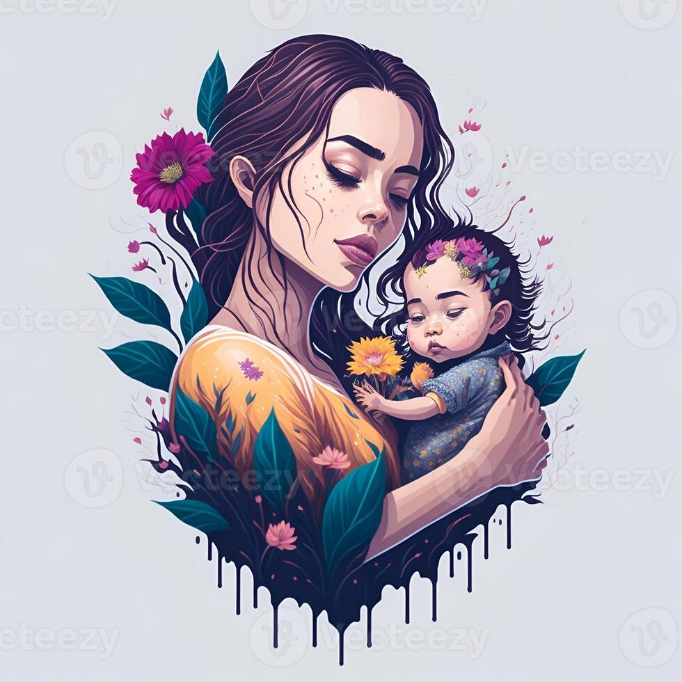 detailliert Illustration von Mutter halten Baby. ai generiert. foto