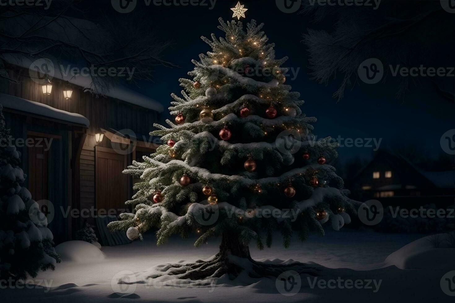 dekoriert Weihnachten Baum draussen beim Nacht. ai generiert foto
