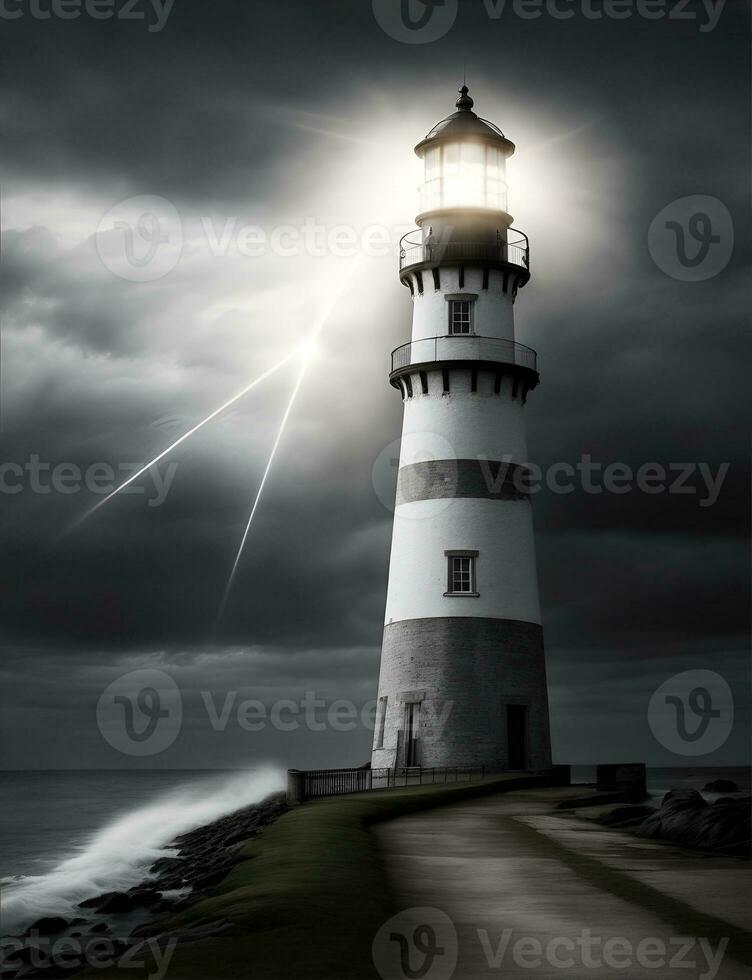 Leuchtturm Turm mit Leuchtfeuer von Licht. ai generiert foto