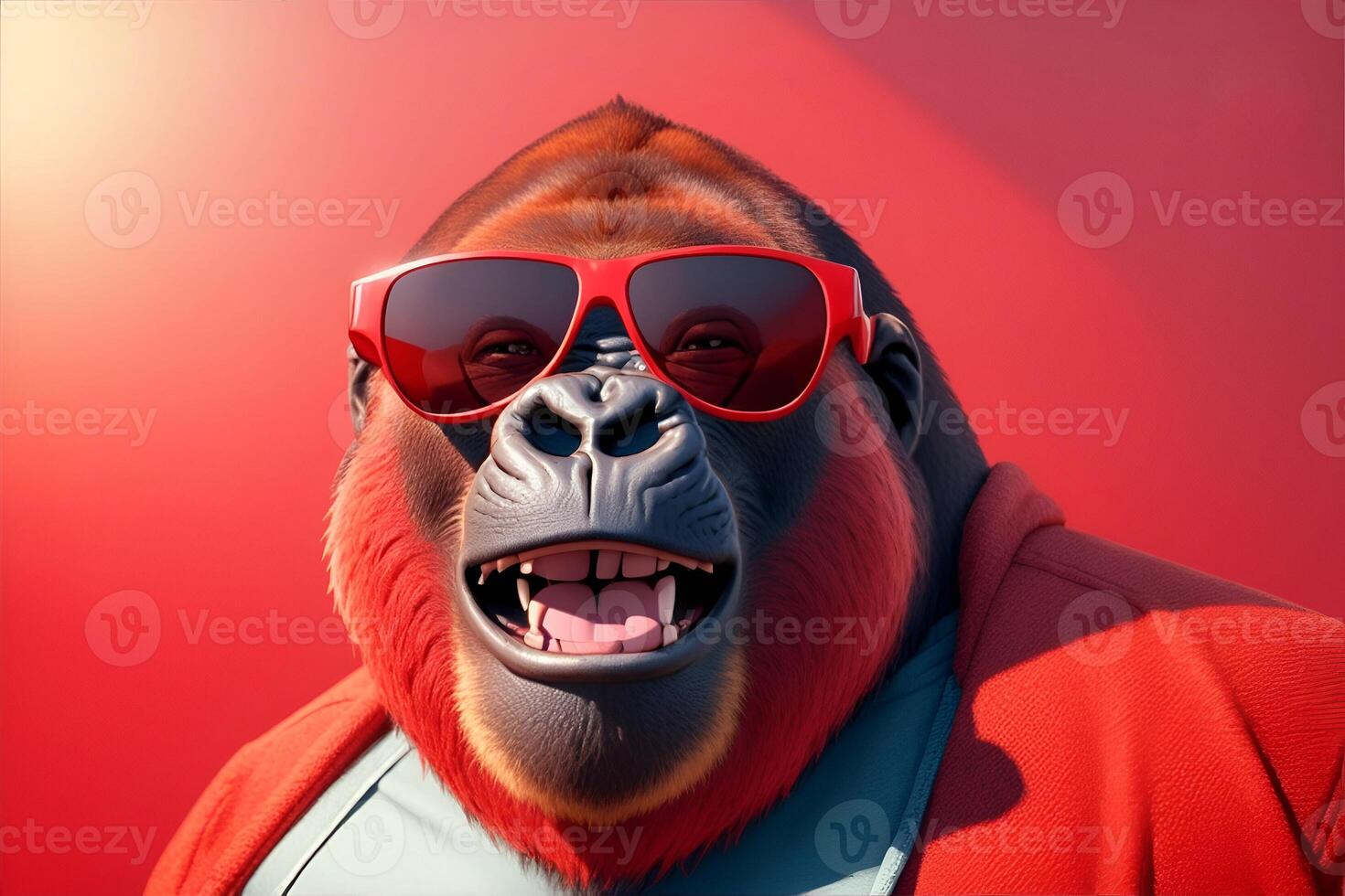 komisch Gorilla mit lächelnd Gesicht im rot Sonnenbrille. ai generiert foto