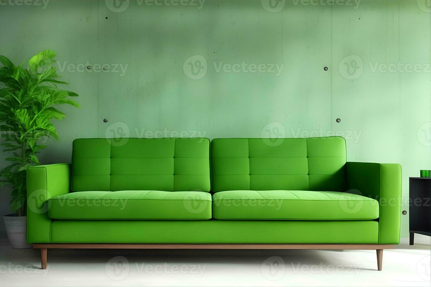 Leben Zimmer mit Grün Sofa und Dekoration Zimmer auf leeren Beton Mauer Hintergrund. ai generiert foto