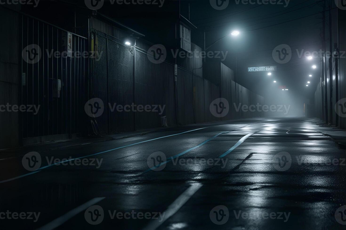 Mitternacht Straße oder Gasse mit Auto Scheinwerfer spitz diese Weg. ai generiert foto