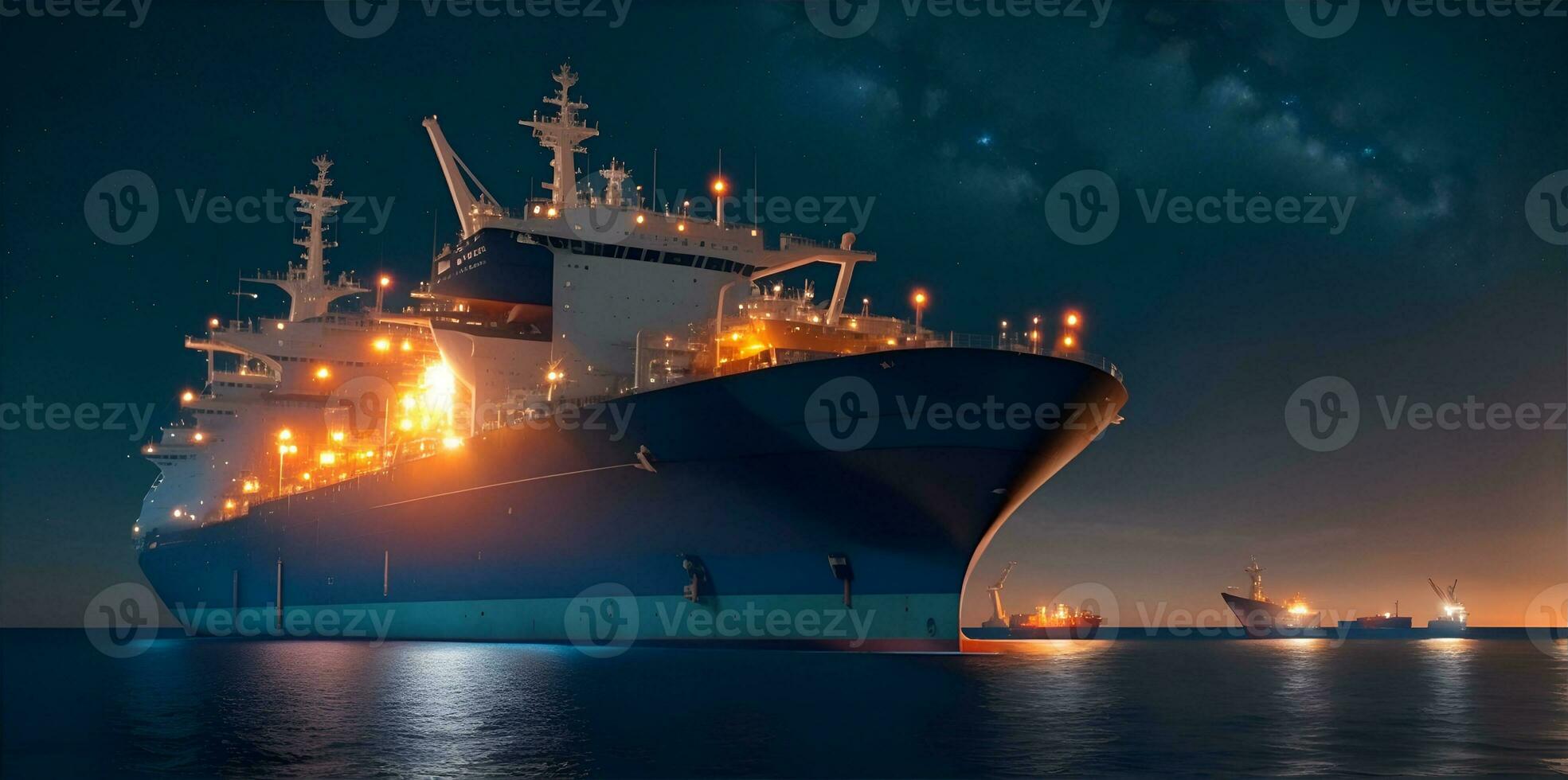 Öl Tanker angedockt im ein Off-Shore Dock beim Nacht oder Dämmerung Meer. ai generiert foto