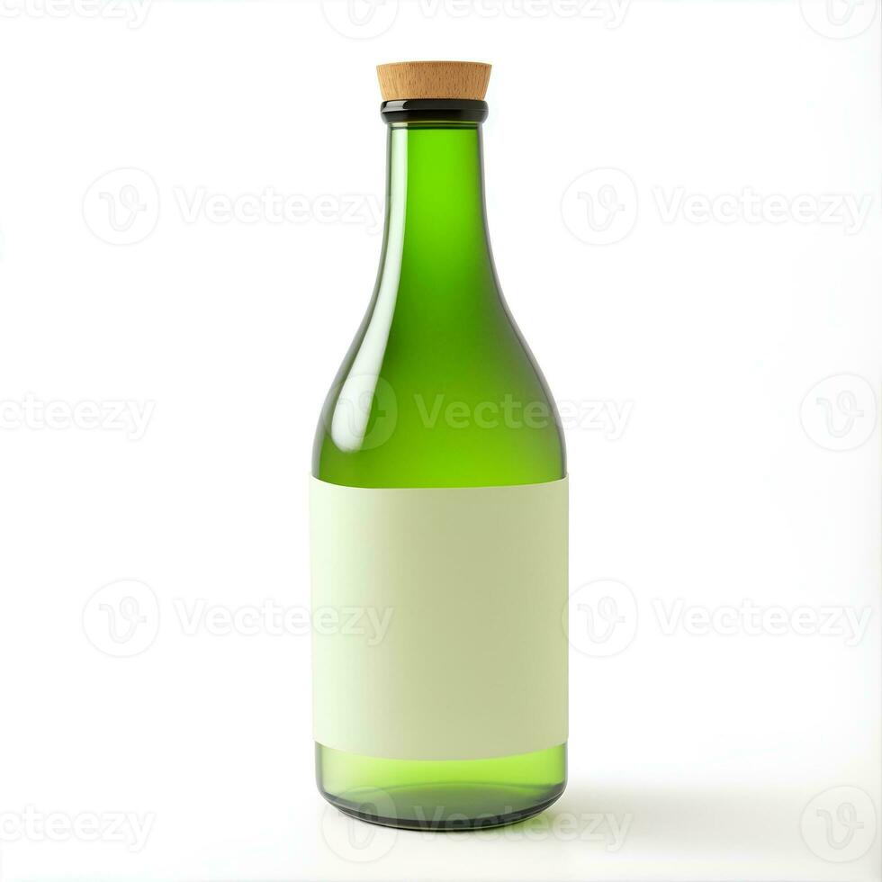Sake Flasche mit leer Etikett, isoliert auf Weiß ai generiert foto