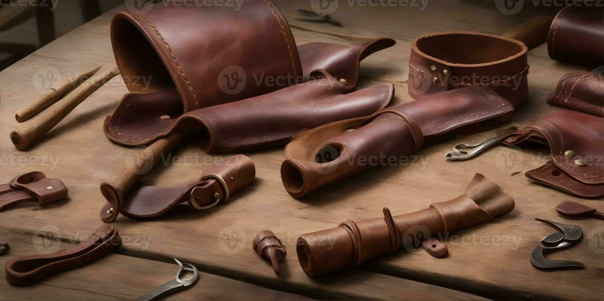 Leder Handwerk. Hand gemacht Leder Waren, oder Leder Teile auf ein Arbeit Tisch. ai generiert foto