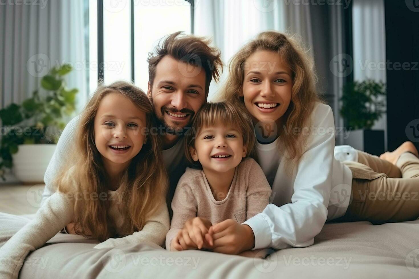 glücklich Familie Mutter Vater und Kinder beim heim. ai generiert foto