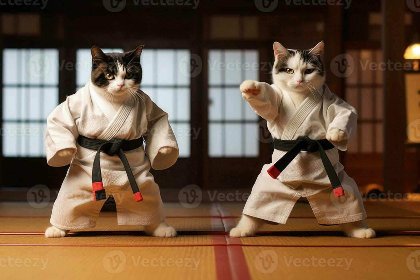 zwei Katzen tragen Kimono zum kriegerisch Kunst beim Ausbildung. generativ ai foto