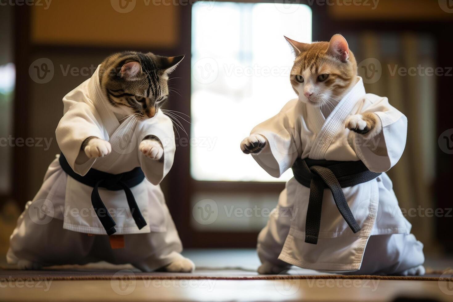 zwei Katzen tragen Kimono zum kriegerisch Kunst beim Ausbildung. generativ ai foto