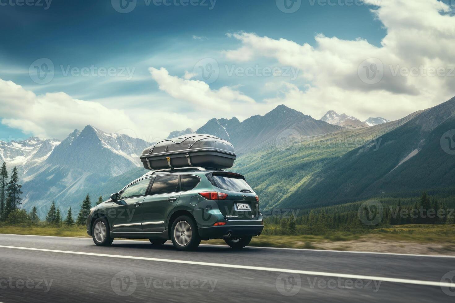 Auto Fahren auf Straße mit Berg reicht. Sommer- Ausflug. generativ ai foto