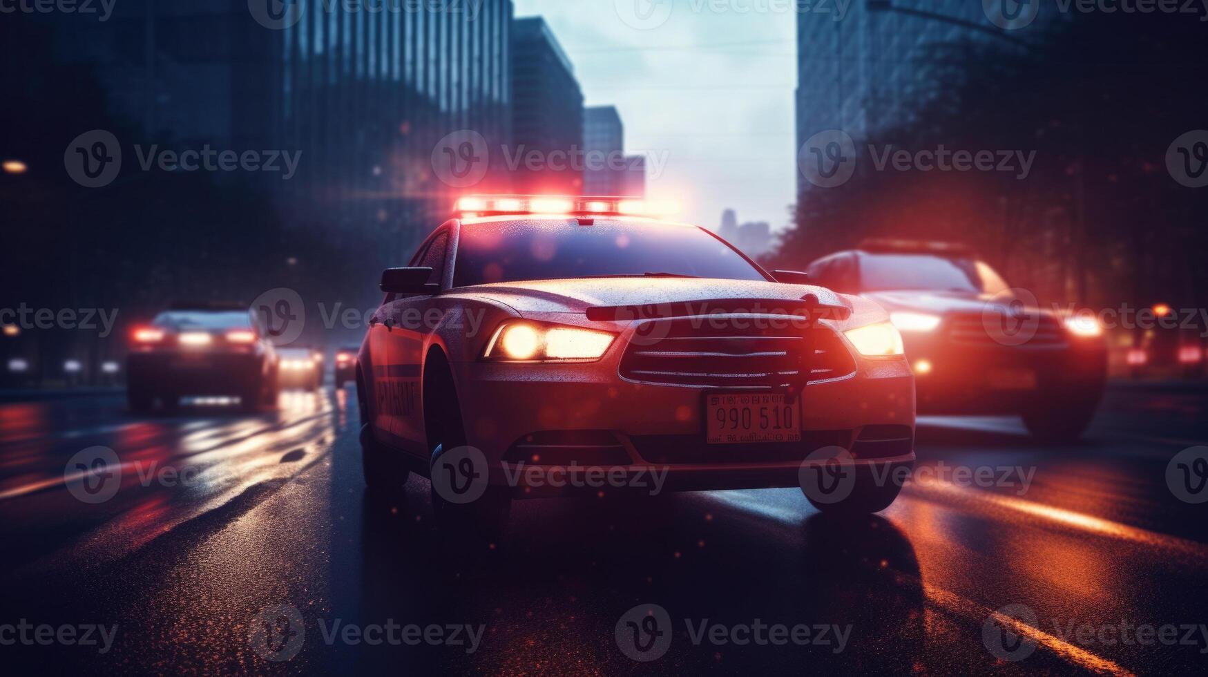 Polizei Auto mit Blinker Beleuchtung beim Nacht Straße. generativ ai foto