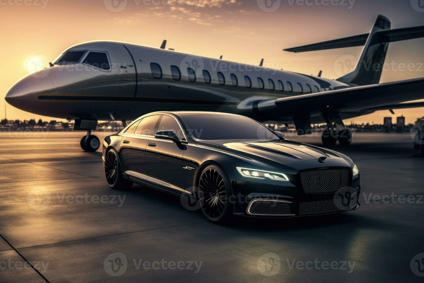 Privat Jet und Luxus Auto im Flughafen. generativ ai foto