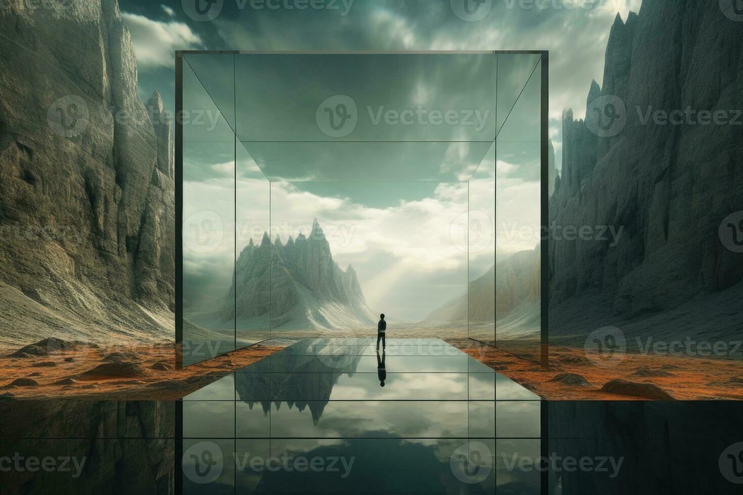 Mann Silhouette Stehen im Berg Landschaft mit Spiegel Portal. generativ ai foto