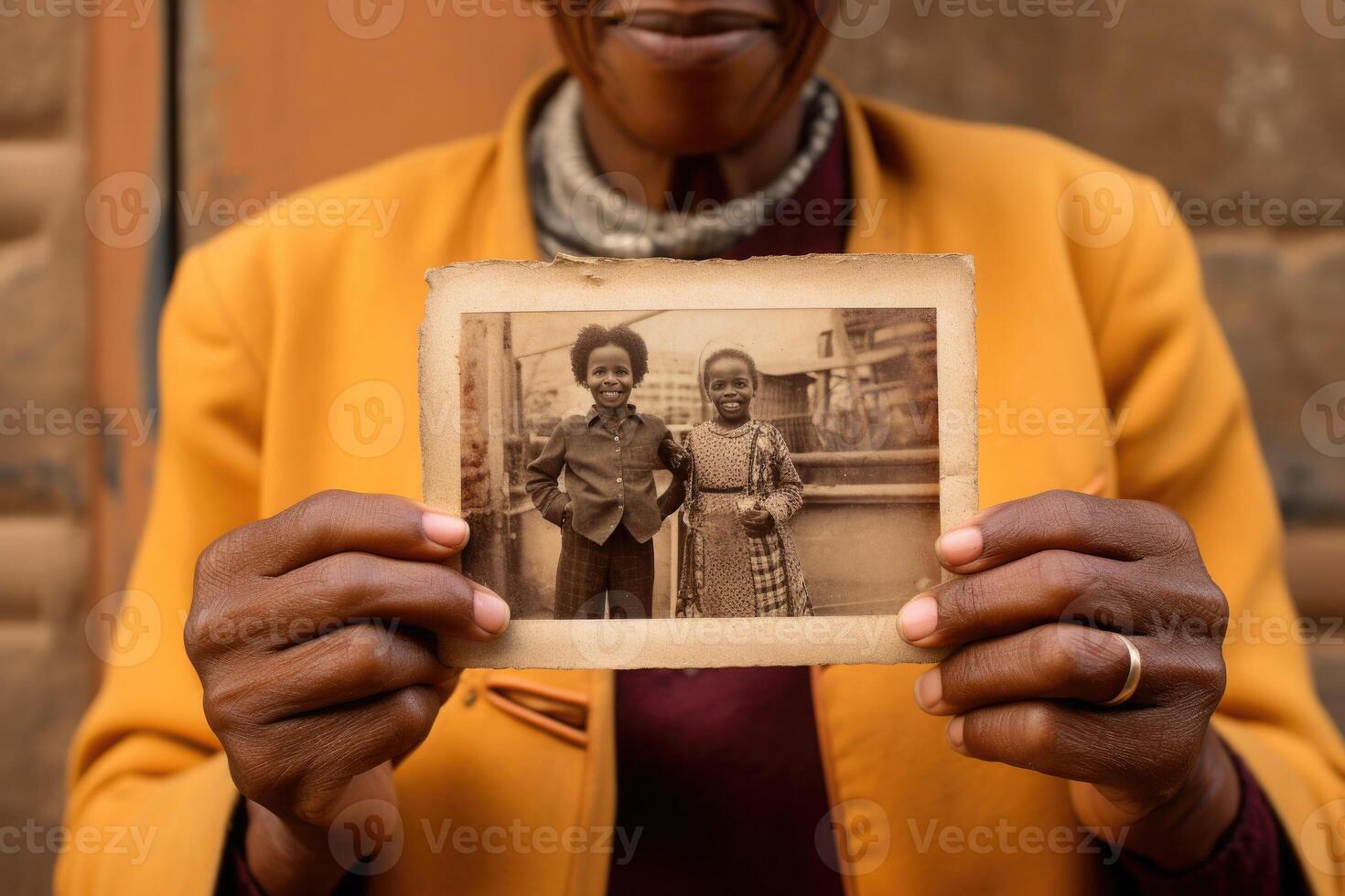 Alten schwarz Frau hält ein alt fotografieren im ihr Hände. generativ ai foto