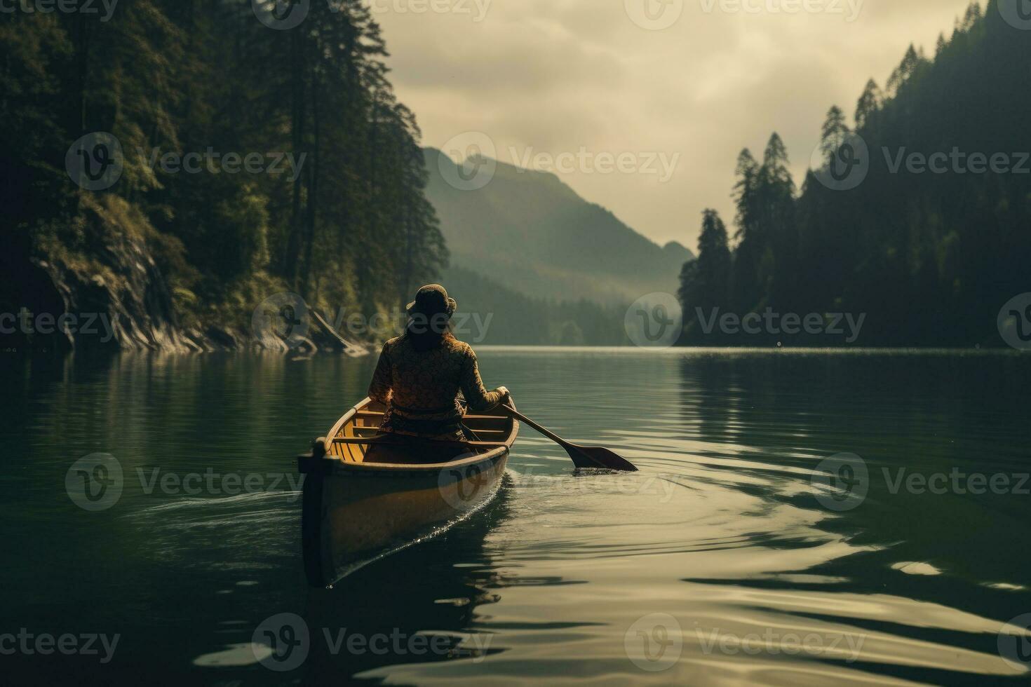 Frau ist Segeln auf Boot auf See im schön Berg Landschaft. generativ ai foto