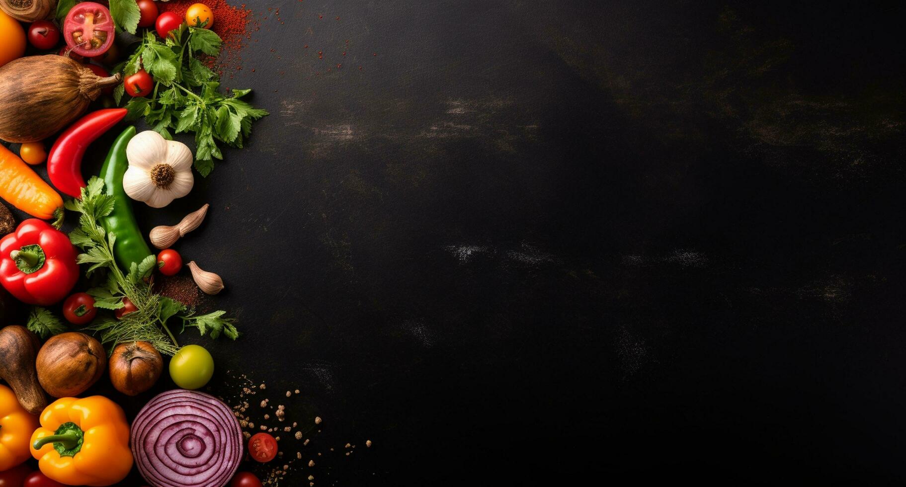 Gemüse einstellen und Gewürze zum Kochen auf dunkel Hintergrund. ai generiert foto