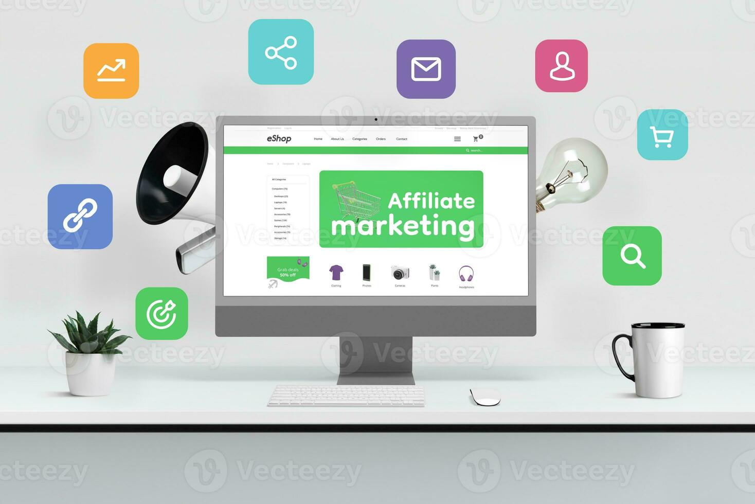 Computer Anzeige umgeben durch Megaphon, Birne und Affiliate Marketing Symbole Konzept. modern E-Commerce Netz Seite auf Computer Anzeige foto