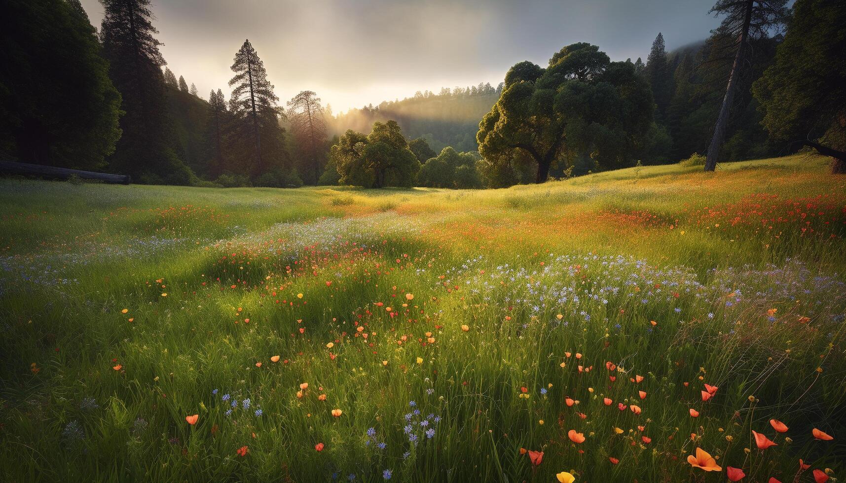 still Wiese, Grün Gras, Gelb Blumen blühen generiert durch ai foto