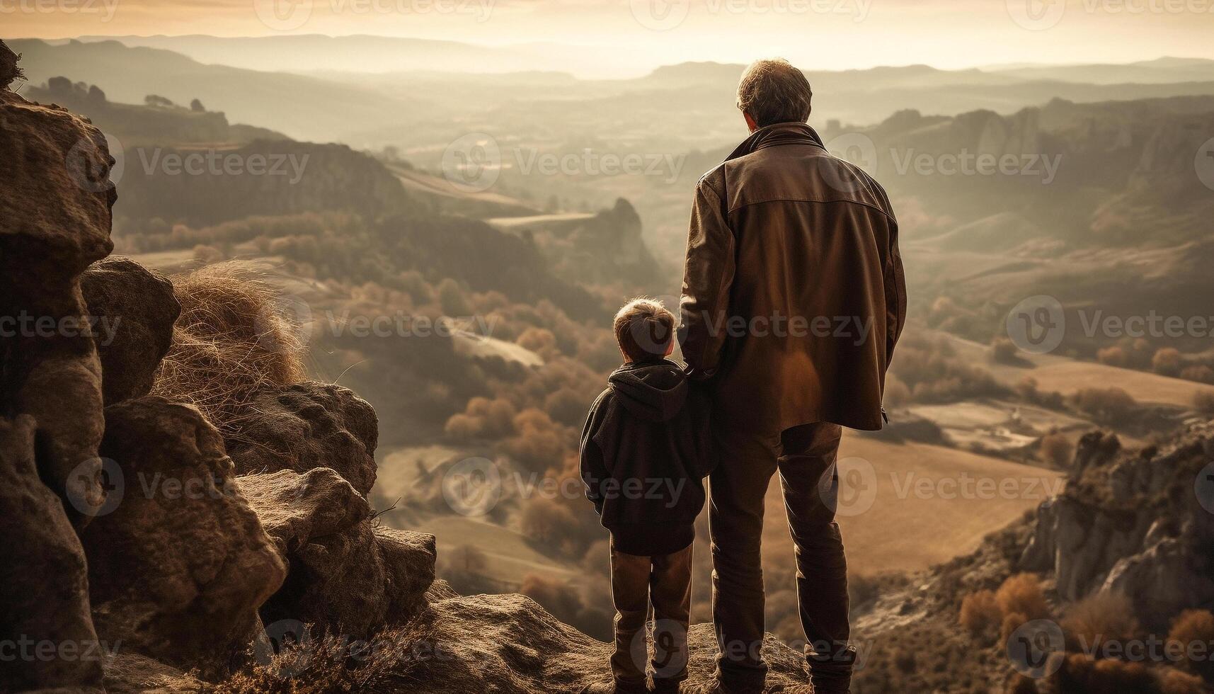 Vater und Sohn wandern, Umarmen Natur Schönheit generiert durch ai foto