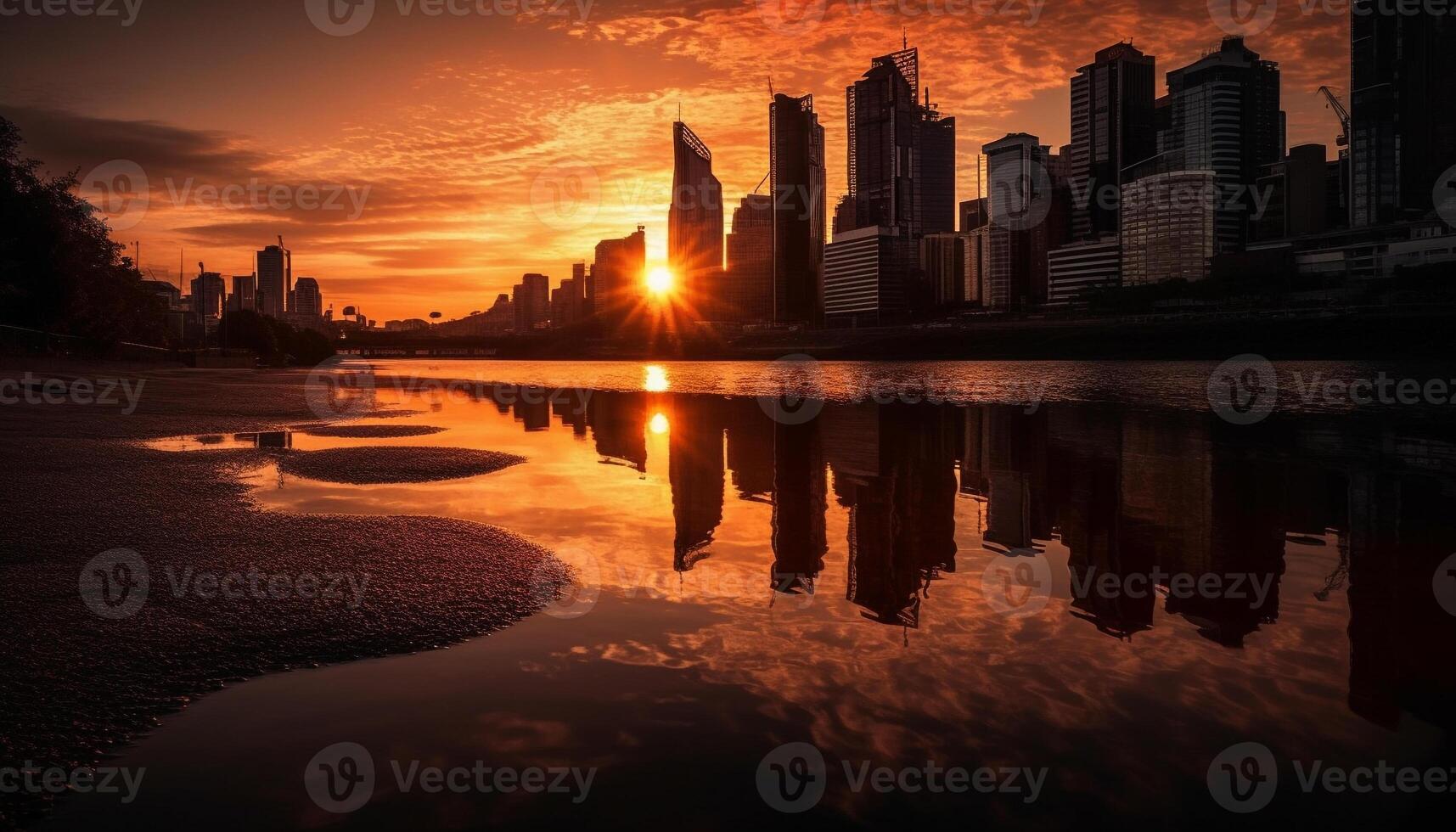Silhouette von Wolkenkratzer gegen bunt direkt am Wasser Sonnenuntergang generiert durch ai foto