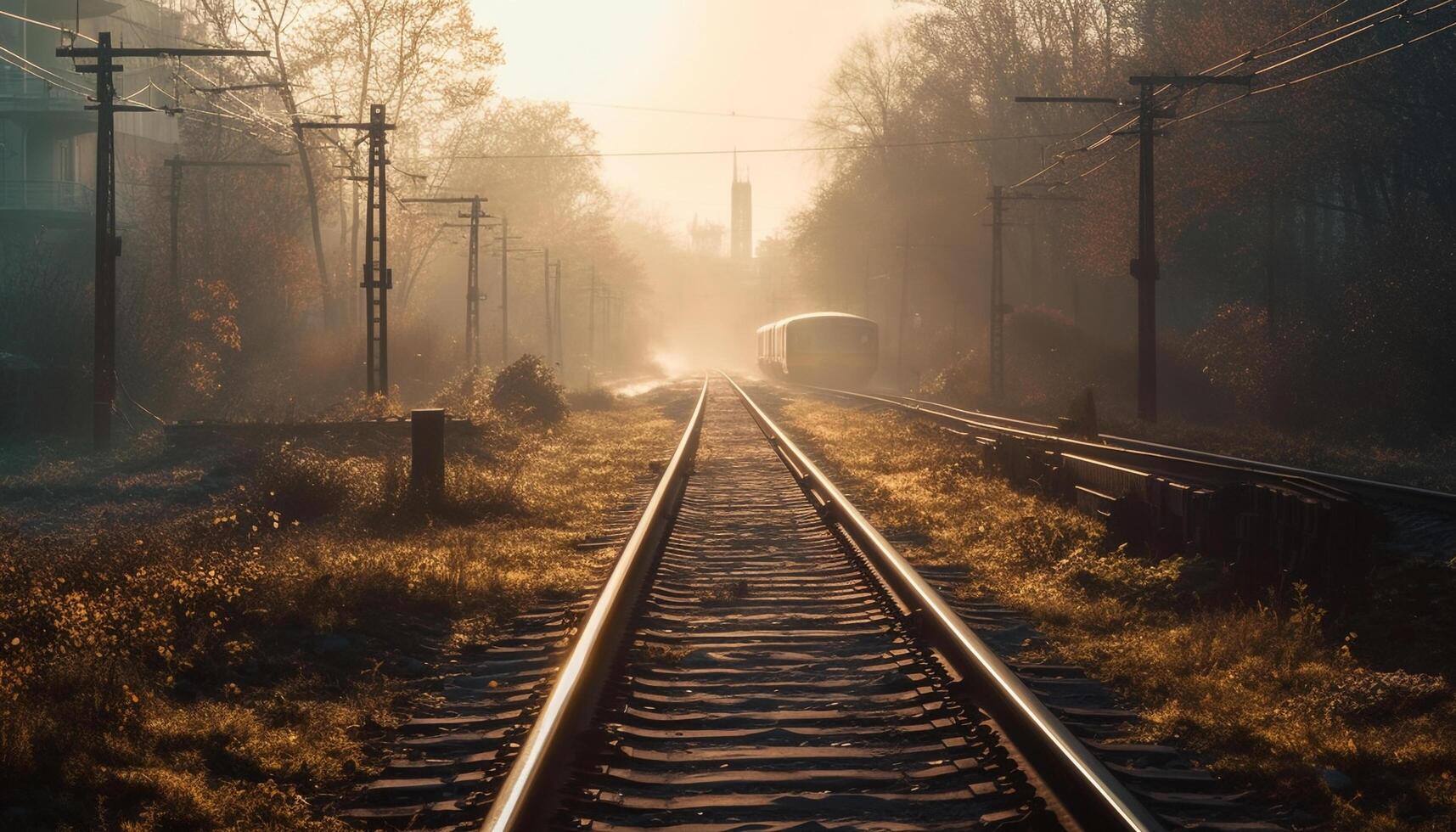 Stahl Lokomotive Geschwindigkeiten durch verschwinden Punkt Nebel generiert durch ai foto