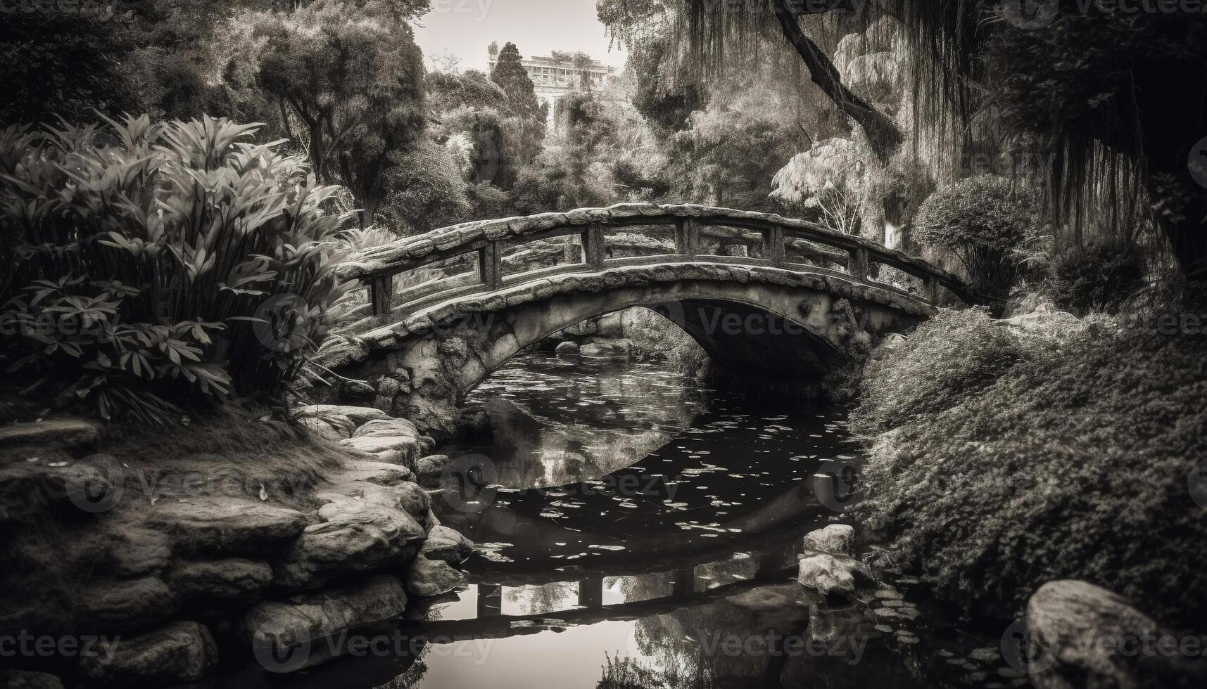 uralt Brücke Bögen Über still Wald Teich generiert durch ai foto