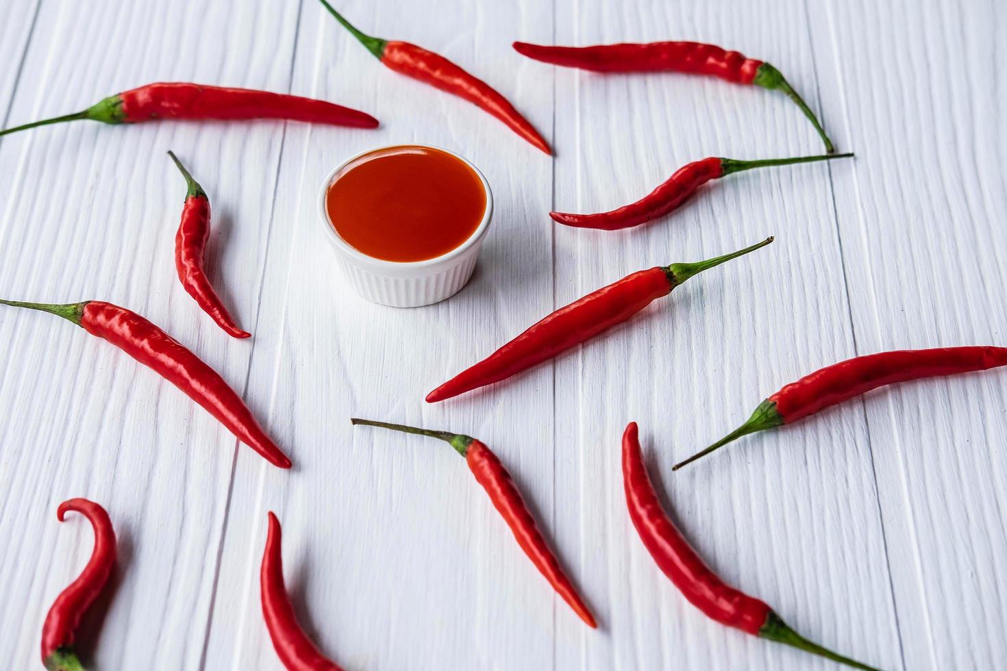 frische Chilis mit scharfer Chilisauce auf dem Tisch foto