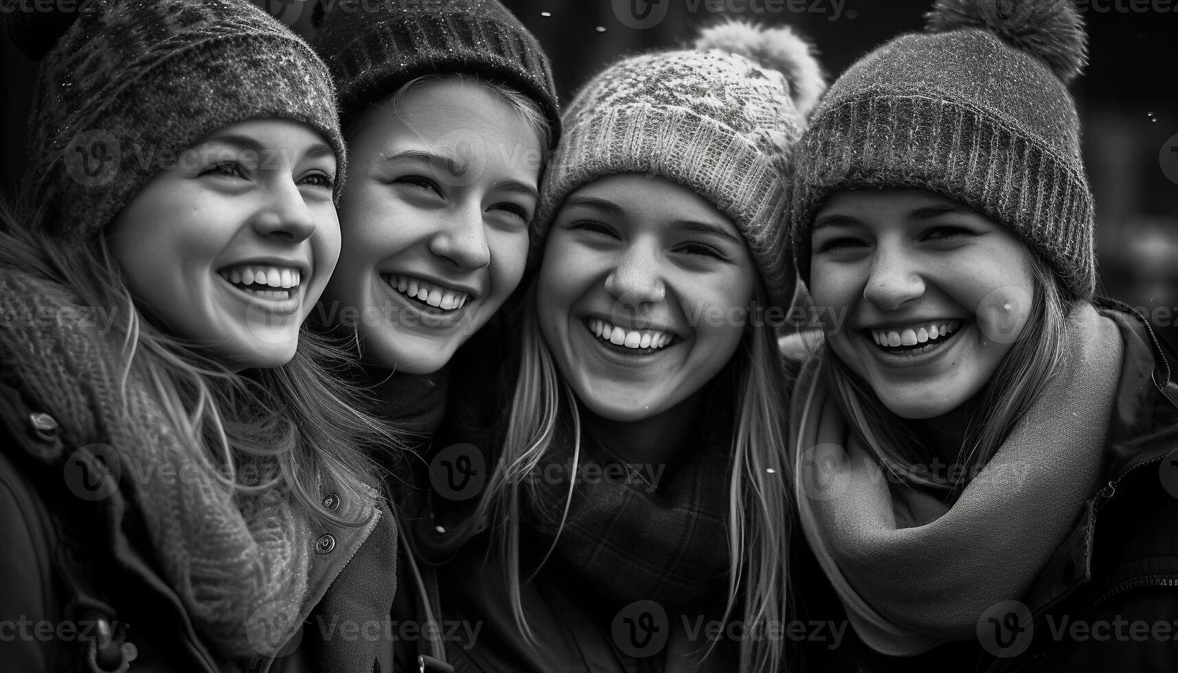 jung Frauen Umarmung im warm Winter Hüte generiert durch ai foto