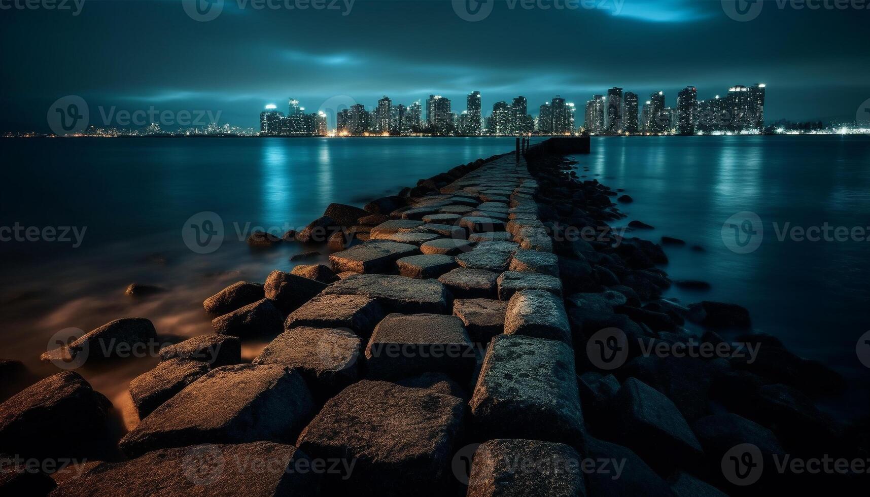 Stadt Horizont spiegelt im still Wasser Wellen generativ ai foto