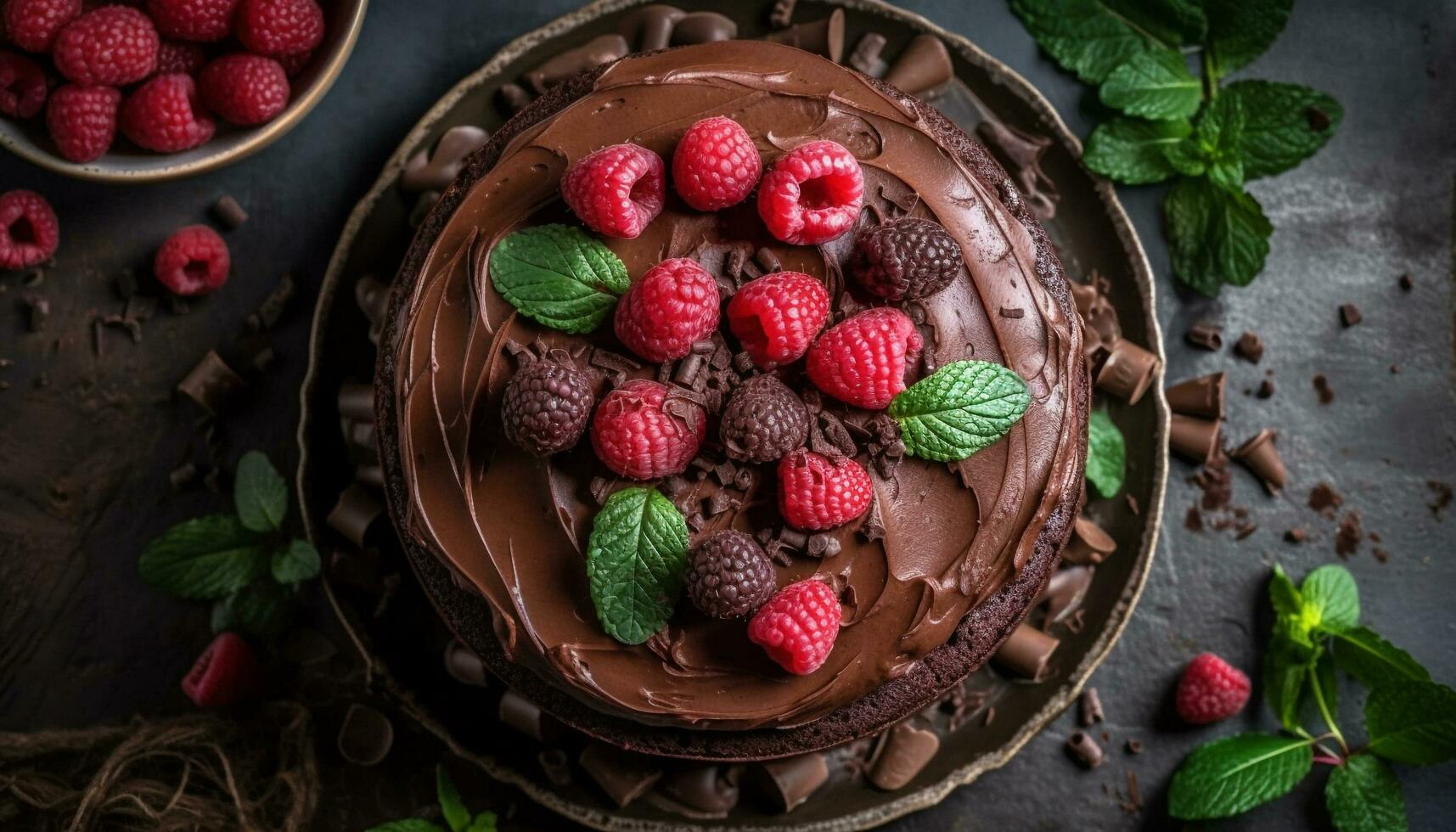 nachsichtig hausgemacht Schokolade Himbeere Brownie mit Minze Blatt generiert durch ai foto