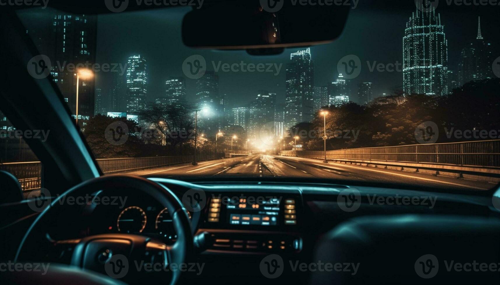 Land Fahrzeug Geschwindigkeiten durch beleuchtet Stadtbild beim Dämmerung generiert durch ai foto