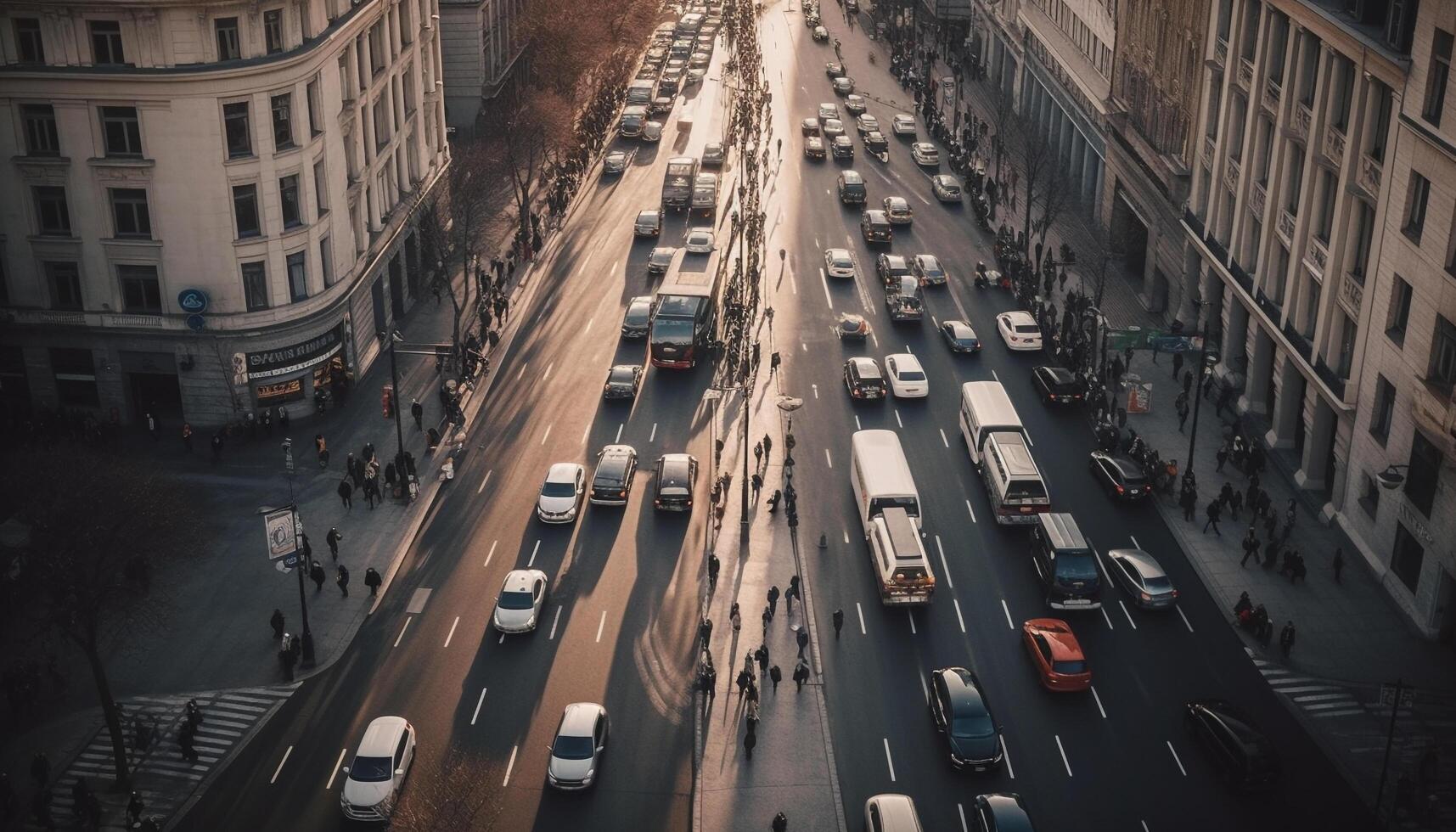 verschwommen Bewegung von überfüllt Stadt Leben im eilen Stunde der Verkehr generiert durch ai foto